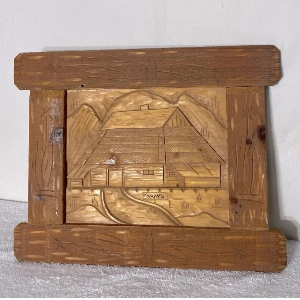 Vintage Hand Carved 3D Wood Homestead Art